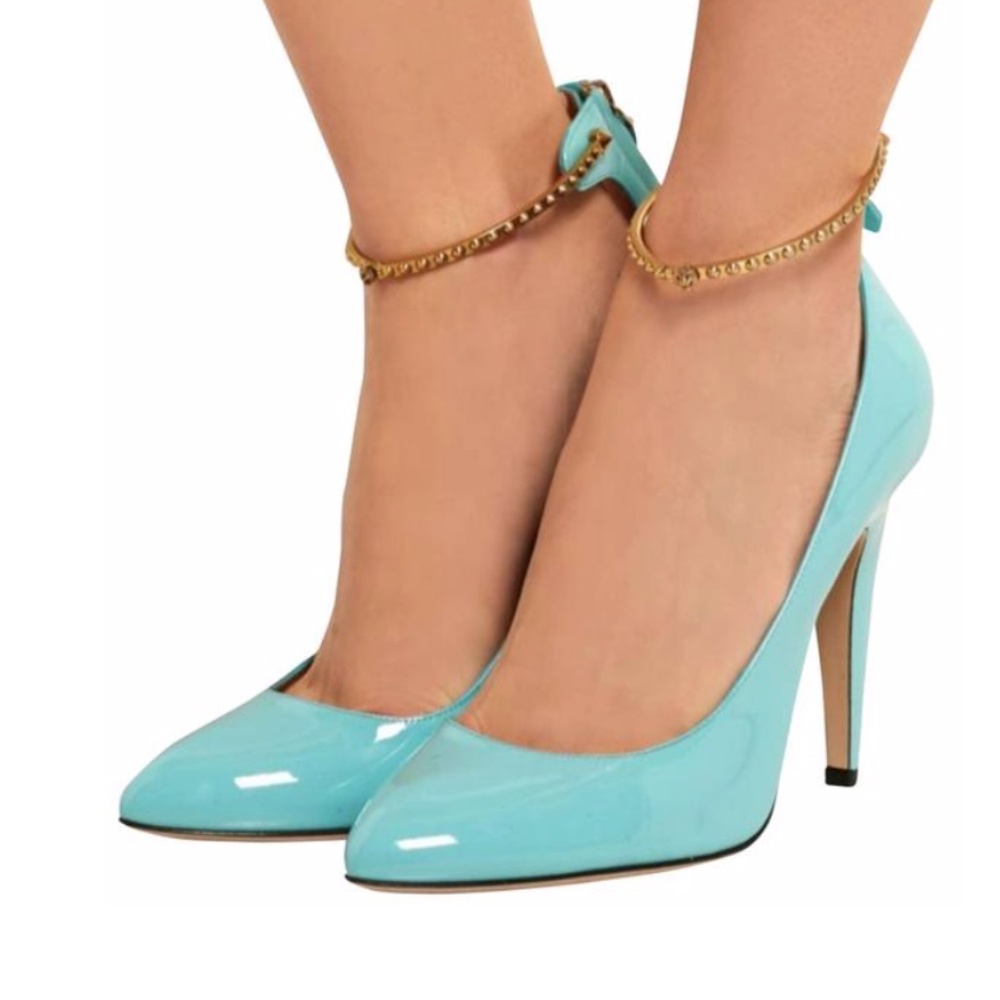 Gucci Teal Tiffany Blue Patent Gold Ankle Band Pumps